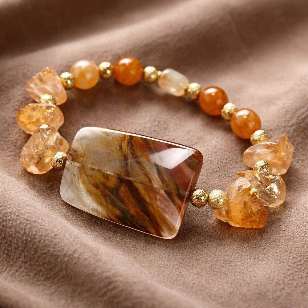 Bracelet Yellow  Raw Quartz Natural Crystals  Faceted Rainbow Mexican Agate